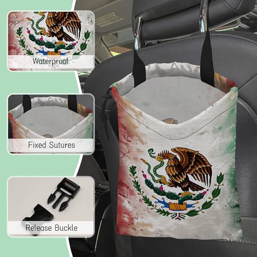 Image of Vintage Mexico Flag Car Trash Bag,Hanging Drawstring Car Garbage Bag,Waterproof Canvas Car Back Seat Organizer with Adjustable Buckle,for Vehicles,SUVs,Camping,Road Trips