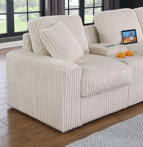 Image of Ball & Cast 127 inch Oversized Modular Sectional Sofa L-Shaped,Large Corduroy Upholstered Couch 7 Seat with Ottoman,Cup Holders & USB Ports,Comfty Sectionals W /Pillows & Storage Box,for Living Room,Beige