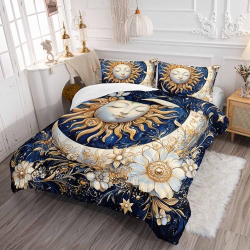 Image of AILONEN Sun and Moon Bedding Set Queen Size,Blue White Flower Exotic Boho Moon Comforter Set,Galaxy Soft 3Pcs Quilt with 2 Pillowcases