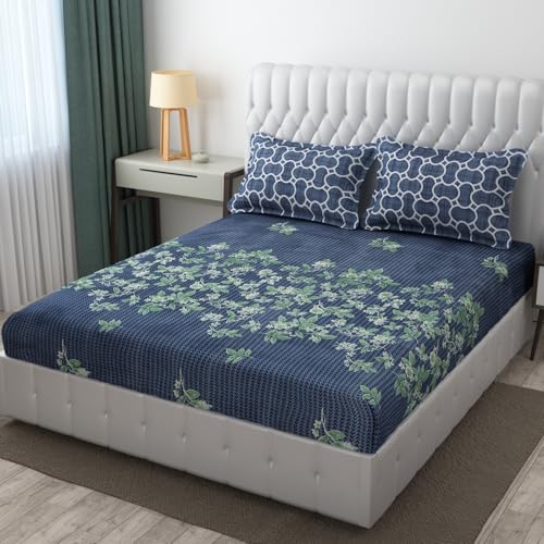 Image of IVAZA Turkish Cotton 280 TC Super Soft Warm Bedsheet Set for Double Size Bed, Durable Double bedsheet with 2 Pillow Cover Mid Night Blue