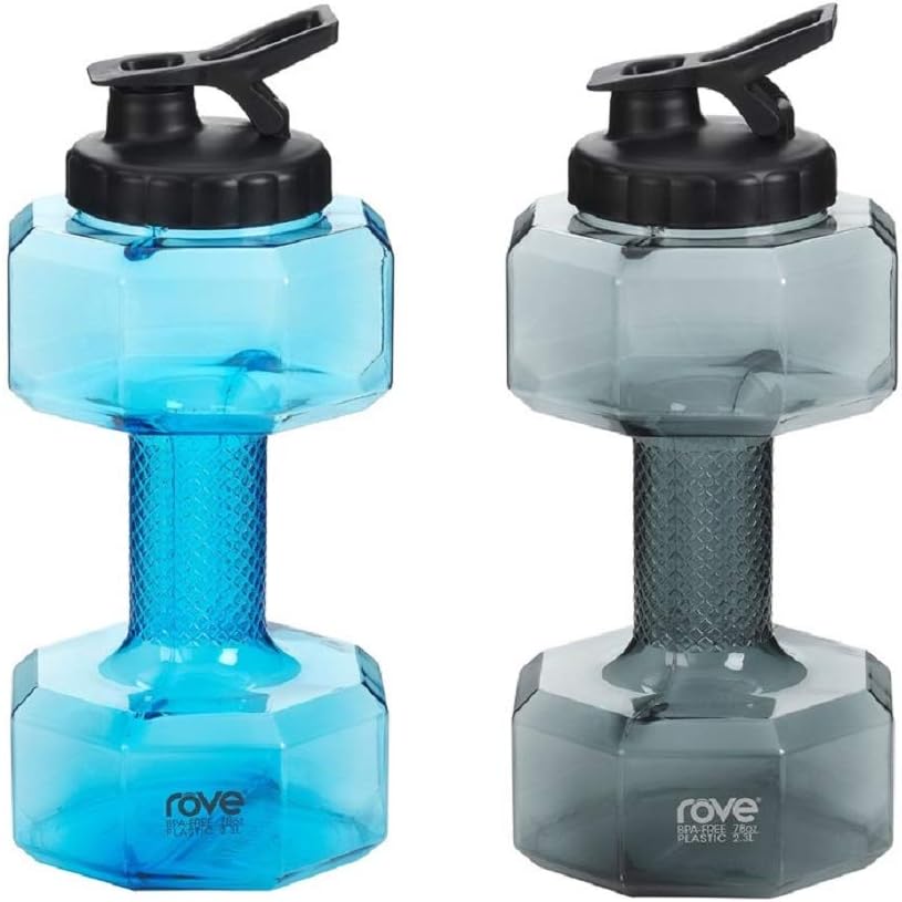 ROVE Fitness Bottle Collection- BPA Free High Capacity, 2.3 Liter (78 ounce) Set of Two Water Dumbell Bottles (Grey and Blue)