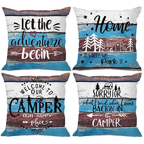 MIXDING Rustic Welcome to Our Camper Let The Adventure Begin Throw Pillow Cover Pillowcase 18x18 Inch (Set of 4) Decor, Camper Rv Farmhouse Sofa Bed Bedroom Home Decoration