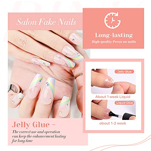 Press On Nails Medium Set - Acrylic Gel Nails Press On False Nails With Glue, Coffin & French Tip Diamond Design, Reusable Static Fake Nails For Women - Stick On & Glue On Nails Variety Pack #TOP3
