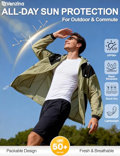 Image of Venzina Men's Slim-Fit Breathable Sun Hoodie -UPF 50+ Ultra-Lightweight Wind-Resistant Jacket with Visor, Color-Block Design, Black Cuffs & Adjustable Hem for Cycling,Commute,Outdoor