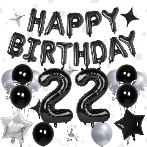 32 Inch 22 Balloon Number Happy Birthday Balloons Banner 16 Inch Foil Letters Balloon Silver and Black Star Balloons for 22nd Birthday Decorations for Boys Black Party Decorations
