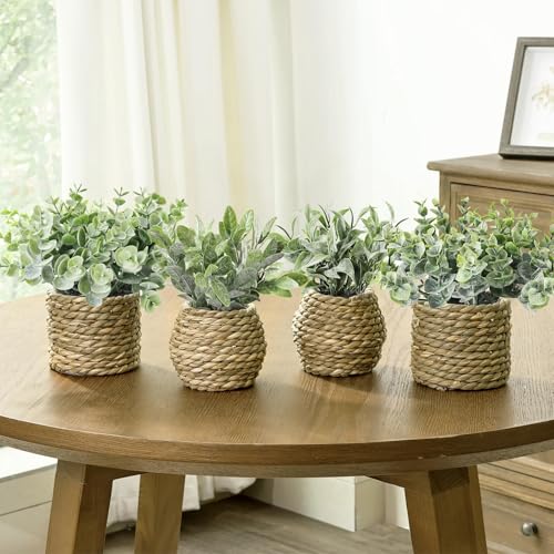 Small Fake Potted Plants: 7 Inches Artificial Plants with Seagrass Handwoven Planters, Indoor Farmhouse Spring Decorations, Eucalyptus Plant for Home Bathroom Office Shelf Tabletop Desk Room Decor - Image 6