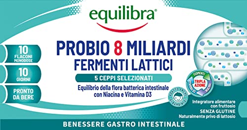 Equilibra Integratori Alimentari, Probio 8 Miliardi, Integratore a base di Fermenti Lattici e Vitamine con Niacina e Vitamina D3 per l'Equilibrio della Flora Batterica Intestinale, 10 Flaconi Monodose