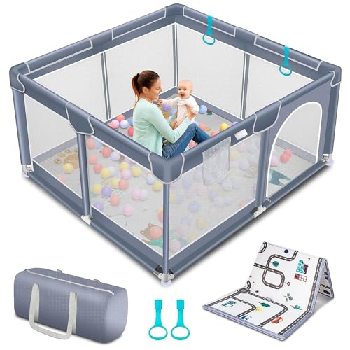 Image of Suposeu Baby Playpen with Mat, Portable Baby Play Yard for Toddler, Safety Baby Gate playpen with Soft Breathable Mesh, Indoor and Outdoor, Large Kids Activity Centery (50 Inch×50 Inch, Grey)