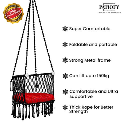 Image of Patiofy Made in India Premium Cotton C-Swing Chair for Adults, Kids Hammock-Hanging Chair Swing with Red Color Cushion and Accessories (Black)