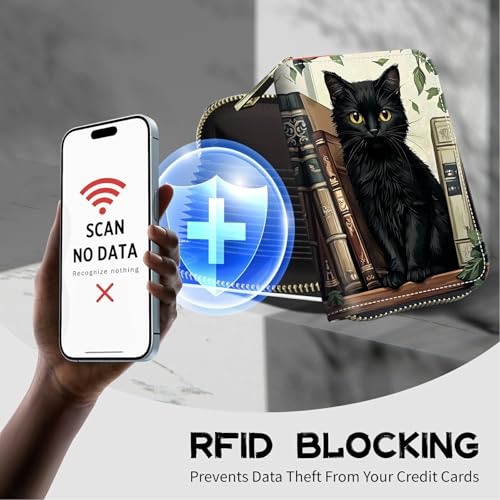 Image of Cute Credit Card Holder with Zipper, Black Cat Books RFID-Blocking Card Case Small Wallet for Women Men, Multi-slot Card Organizer Case Travel Accordion Wallet
