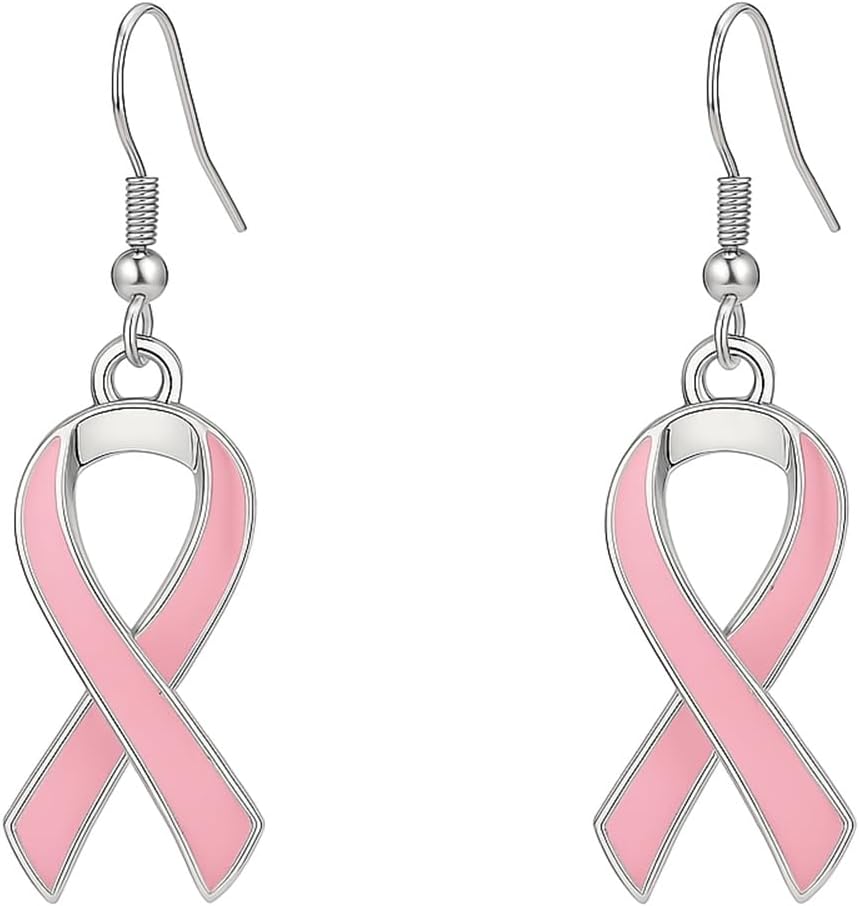 Pink Ribbon Awareness Alloy Dangle Earrings, Breast Cancer Survivor Gift Drop Jewelry