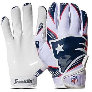 Franklin Sports New England Patriots Youth NFL Football Receiver Gloves – Receiver Gloves For Kids – NFL Team Logos and Silicone Palm – Youth S/XS Pair