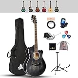 Winzz Akustikgitarre Schwarz, Westerngitarre 40 Zoll, Gitarre Anfänger Set mit Gitarre Tonabnehmer, Gitarrenständer, Gitarren Plektrum, Gitarrengurt, Gitarrenstimmgerät, Gitarrentasche