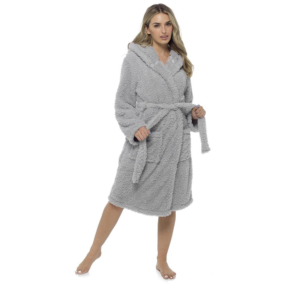 Style It UpLadies Womens Frosted Borg Hooded Robe Soft Warm Luxury Lounge Dressing Gown Teddy Bathrobe Gown Wrap Brown Grey UK