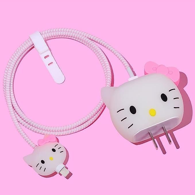 Image of Cartoon 3D Design Protective Case for 18W 20W iPhone 14 13 12 11 Pro Max Fast Charging Cable Adapter Charger, Cute Cartoon Lightning Data Cable Case for iPhone Charger Hello Kitty