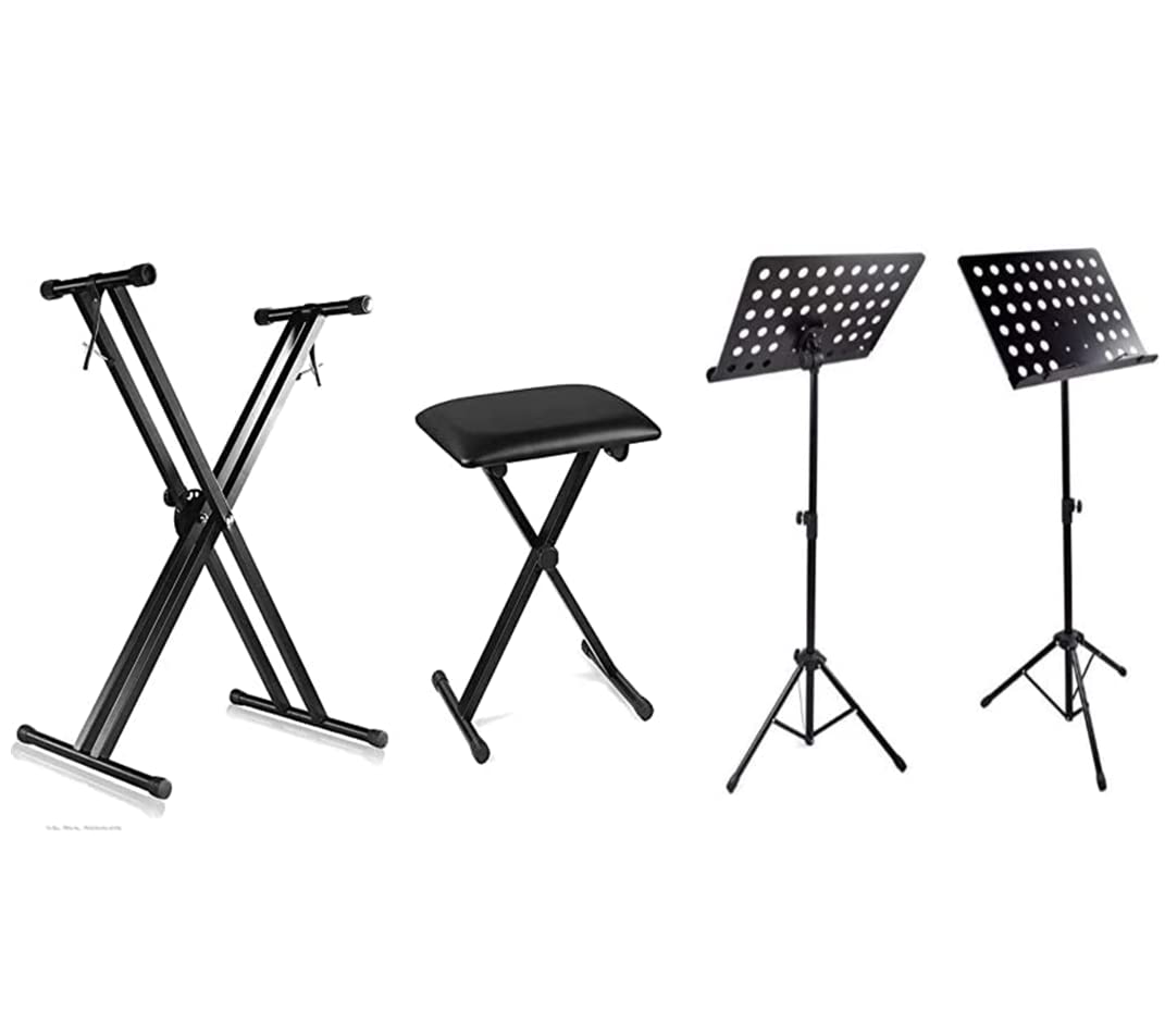 Mike Music Adjustable Double X Style Piano Keyboard Stand - Black & Piano Bench & Adjustable Folding Sheet Music Stand(x4xad4)