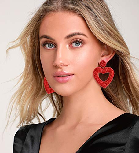 Cealxheny Beaded Earrings For Women Boho Heart Beaded Drop Earrings Statement Bead Hoop Dangle Earrings Studs Valentine's Day Heart Earring Gift For Girls (Red) #TOP1