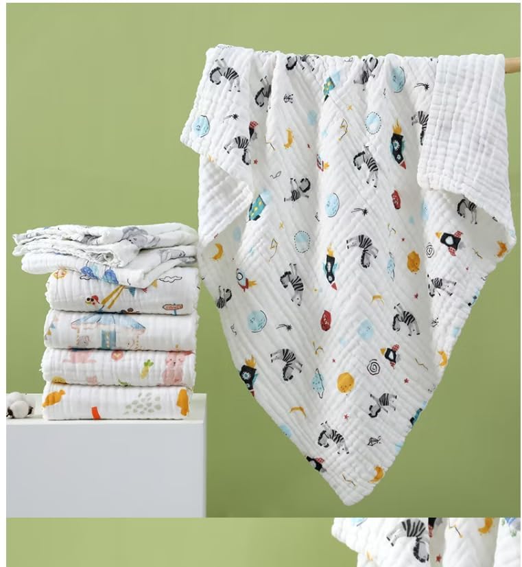 Little Boo 6 Layer Muslin Cotton Printed Bath Towel for Babies Cotton Super Soft Towels for Newborn Baby Absorbent Bathing Towel,Kids Boys and Girls Size 50 x100 cm -Print May Vary (Pack of 1)