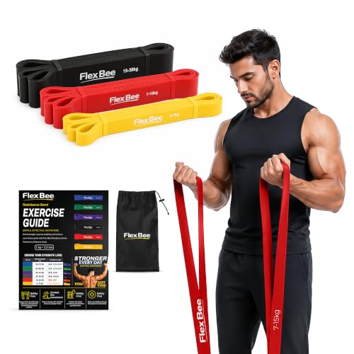 Image of FlexBee Heavy Resistance Bands Set for Workout (Light, Medium, Heavy) | 5-30 KG Stretch Bands for Strength Training, Home Gym & Physiotherapy | Durable Latex Exercise Bands for Men & Women