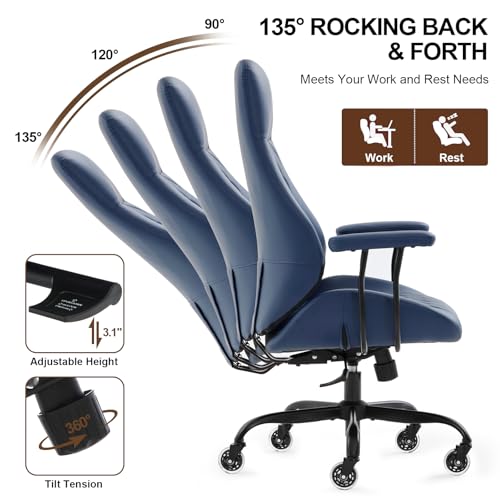 Image of E-Motie Leather Office Chair, Mid Century Modern Desk Chair, Blue | Ergonomic, Lumbar Support, 360 Swivel & Rolling Wheels, Adjustable Height, for Adults & Women