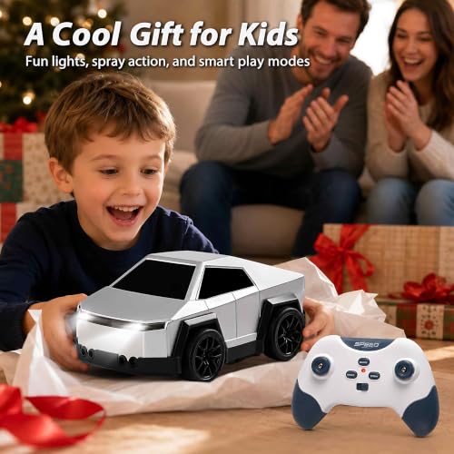 Image of PLUSPOINT 2.4GHz RC Drift Car with Spray Effect | Rechargeable Remote Control Racing Cybertruck Car with LED Lights, Smart Follow & Escape Modes | Mini Drift Vehicle Toy for Kids Age 3+