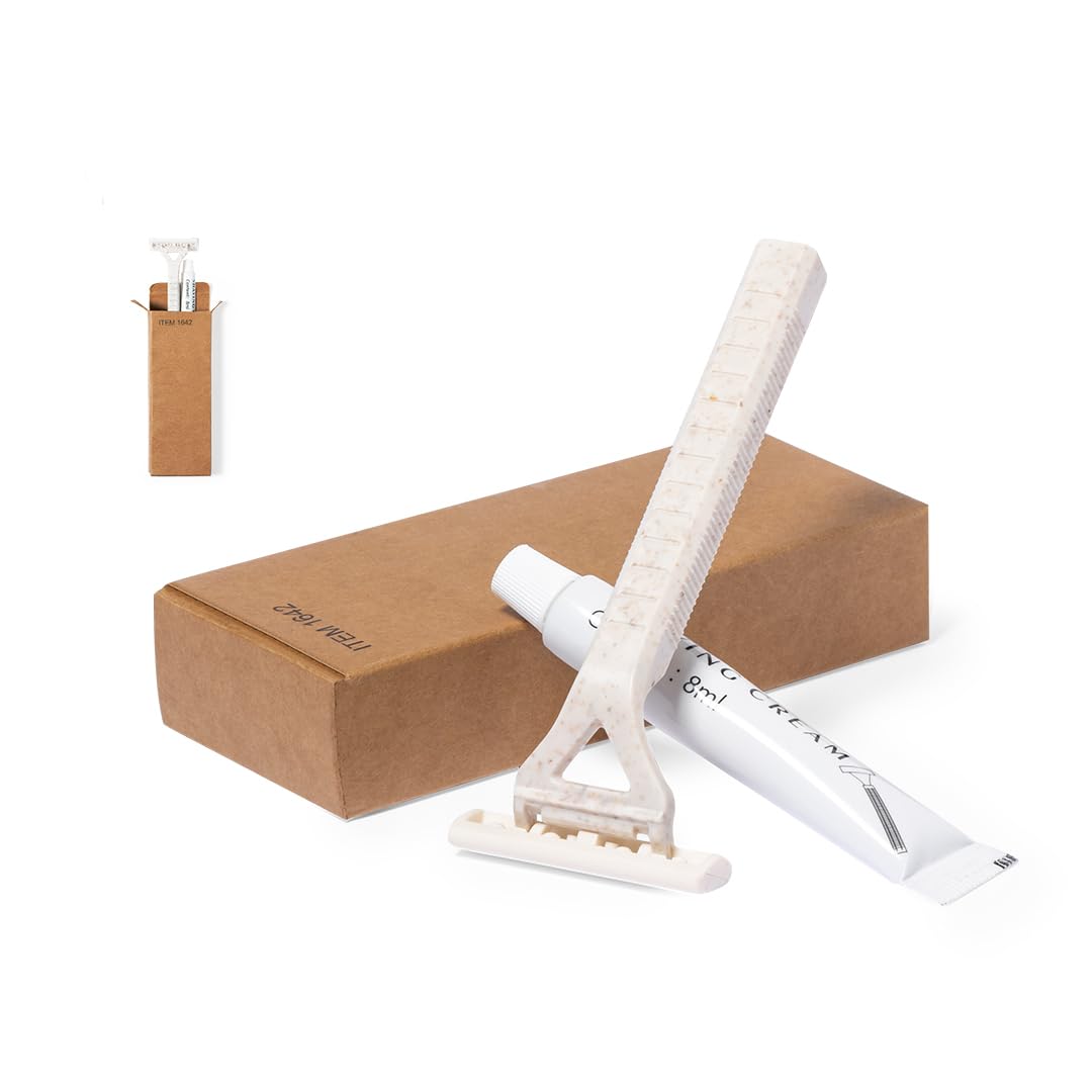 50 set di rasatura ecologica – Rasoio classico con lama a doppio taglio e gel da barba da 8 g – Presentato in scatola singola di design Kraft – Set di rasatura monouso sostenibile