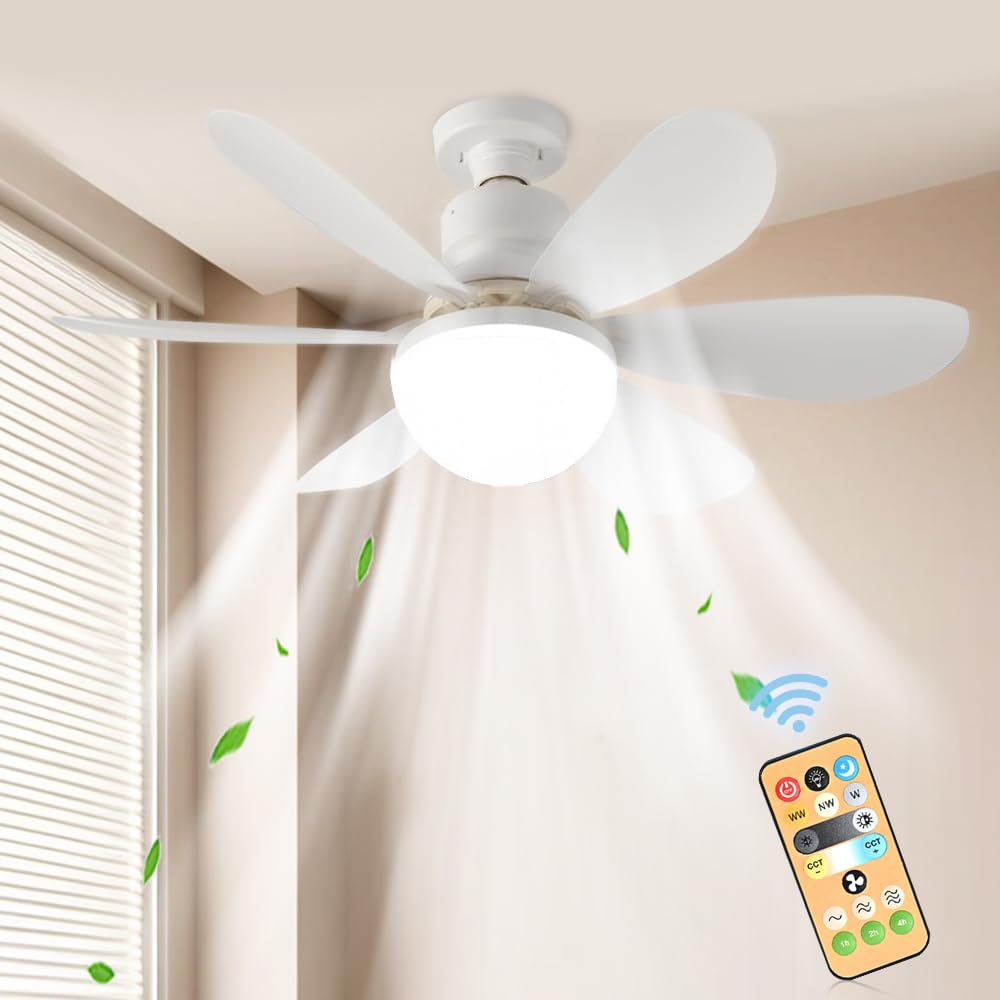 SGZIOO Ceiling Fans with Lights and Remote, 30W Screw in Ceiling Light Fan, 6 White Fan Blade, 3 Colors Lights, 3 Speed, Fan Light Dimmable with E27 Base, Timing Ceiling Fans for Bedroom, Living Room
