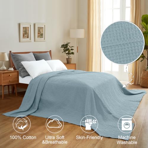 Image of PHF 100 Cotton Waffle Big Family Oversized Blanket, 120 inch X 120 inch, Dusty Blue | Pre-washed Natural Soft Cozy Lightweight Breathable, Textured Decorative Layer for Bed Guest Room, Machine Washable, Giftable