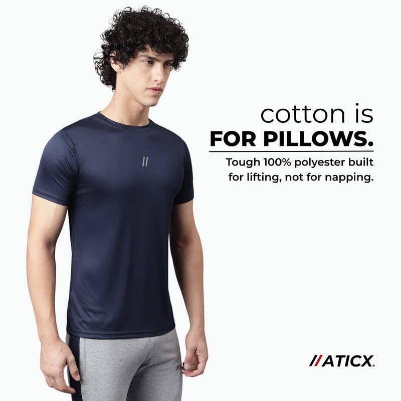 Image of ATICX Slim Fit Polyester Sports T-Shirt for Men - Round Neck Quick Dry Fit Half Sleeve Breathable Stylish Gym & Workout Tee - Lightweight Running Cycling Football Swimming Training Sportswear Top