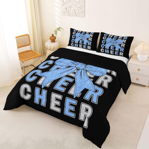 Image of Feelyou Blue Cheer Bow Comforter Set All Season Glitter Cheerleader Bedding Set with 2 Pillow Cases Cheerleading Microfiber Kids Queen Bedclothes Sport Bedroom Decor Duvet Quilt Soft Lightweight