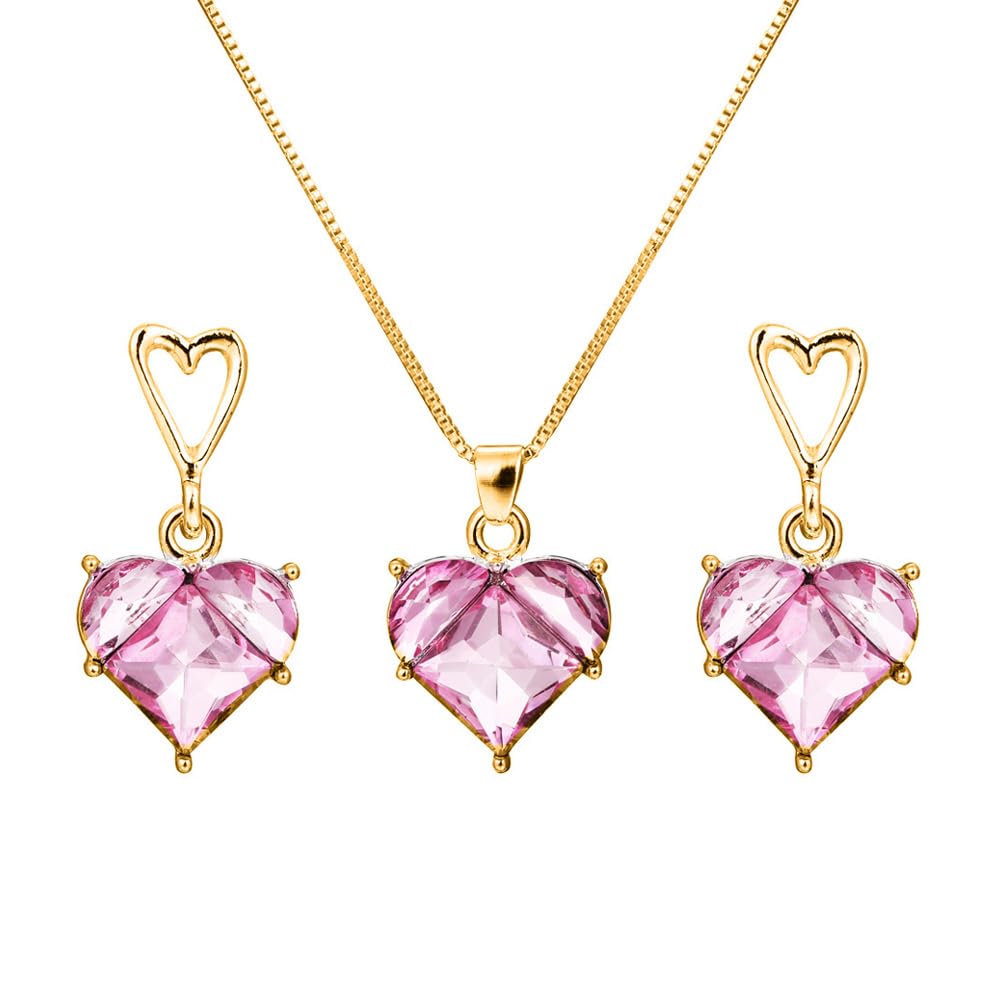 Herz Kristall Schmuckset Damen – Halskette & Ohrringe Mit Rosa Kristallen, Goldfarbene Legierung, 42,5+7,5 Cm