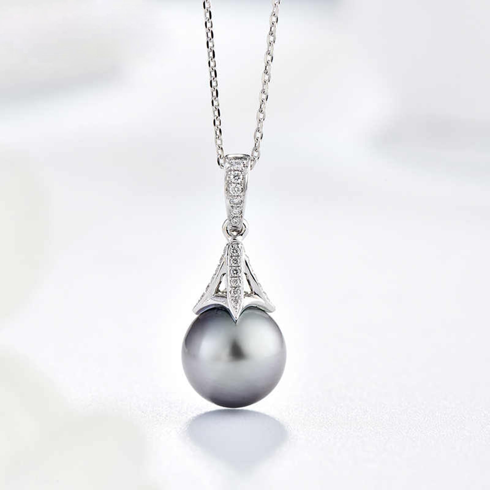 Chaîne en or blanc 18 carats avec pendentif en perle grise élégante de 8 à 9 mm avec diamant 0,06 carat, pour femme, Au750, véritable bijou personnalisé