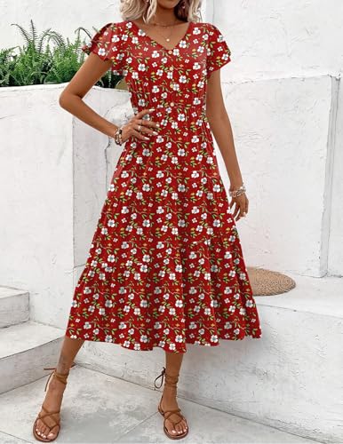 Image of Zeagoo Women's Summer Casual Dress Flutter Short Sleeve V Neck Button Down Tiered Flowy Long Dress with Pockets