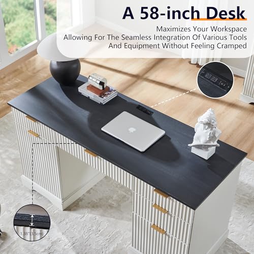 Image of 58 inch Modern Executive Desk with 5 Drawers & 1 Cabinet, Built‑in Outlet | Fluted Computer Writing Desk for Study, Living Room, Bedroom, Antique White