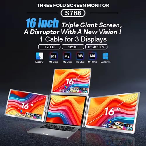 Image of TUTT 16 inch Triple Screen Portable Monitor for Laptop 12 inch-18.5 inch | Single Cable Setup | 16:10 IPS | Quad Screen Extender | Stand-Alone for Mac & Windows S788