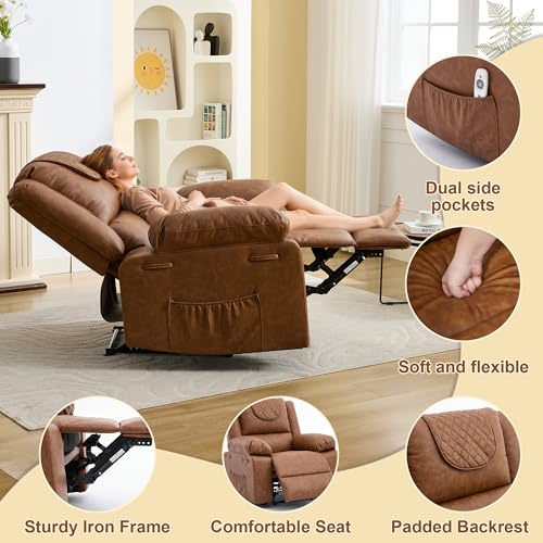 Image of Manual Recliner Chair for Adults with Heating & Massage, 135 Adjustable Reclining Lounge Chair with Side Pockets & Remote Control, Ideal for Living Room Bedroom,Brown
