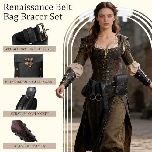 Image of Renaissance Belt Pouch Medieval Viking Leather Bracers Set for LARP