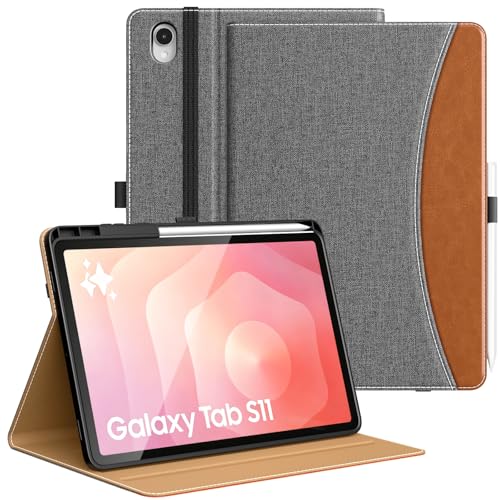 Image of MoKo Case for Samsug Galaxy Tab S11 2025 11-Inch with S Pen Holder, PU Leather Multi-Angle Stand Case for Galaxy Tab S11 5G (SM-X730 /SM-X736B) with Hand Strap, Pocket, Auto Wake /Sleep, Grey & Brown