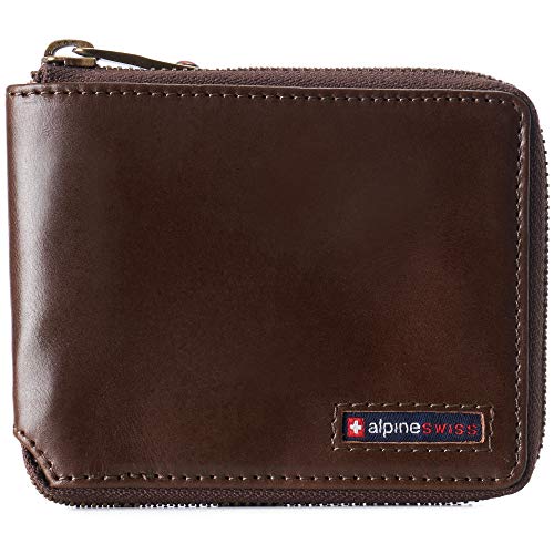Image of Alpine Swiss Logan Mens Bifold Wallet All-Around Zipper Closure RFID Safe | Tested RFID Protection Genuine Full Grain Cow Hide 13 Card Slots Divided 2 Bill Sections Zips All Around Comes in Gift Box