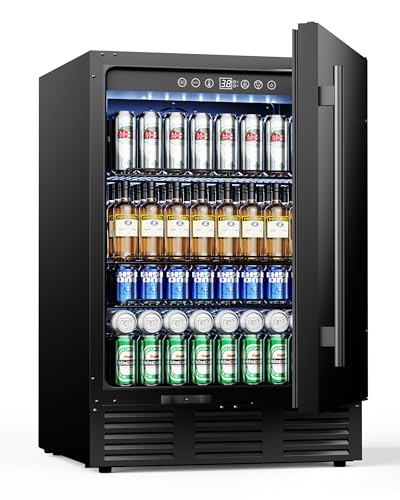 24 Inch Beverage Refrigerator 181 Cans Under Counter Refrigerator Outdoor Fridge with Stainless Steel Door for Soda/Water/Beer Outdoor Refrigerator for Patio/Outdoor Kitchen/Bar/Office (Black)