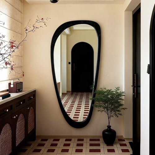 Image of Asymmetrical Mirror, 48 inchx22 inch Irregular Mirror Full Length, Wood Wall Mirror for Bathroom Bedroom Living Room Entryway Hallway, Mid Century Modern Decor (Black)