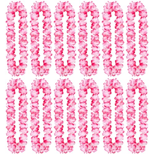 Suncalla 12 Pcs Hawaiian Leis Garland Ruffled Hula Aloha Flower Necklaces Luau Hen Stag Hawaiian Fancy Dress Decorations for Adults Beach Tropical Themed Birthday Summer Party Favors(Pink White)