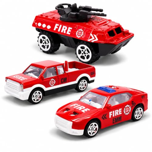 Image of Fire Truck Toy for Kids, Pack of 3 Die Cast Metal Toy Cars with Free Wheel, Fire Engine & Fire Brigade Emergency Rescue Vehicle Toy Set, Birthday Gift for Boys & Girls