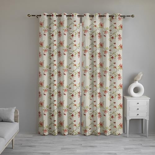 Image of LINENWALAS Decorative Printed Cotton Semi Sheer Curtains 6.5 Feet Long Set of 2 Panel, Grommet Hanging, Floral Printed Long Door Curtains for Living Room, Home Decor (L-6.5xW-4.5 Feet, Amer Bel)