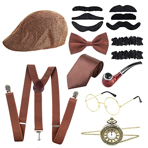 ATOWORLD Années 1920 Hommes Accessoires Gatsby Costume Gangster Deguisement Annee 20 avec Fausse Moustache Cravate Noeud Papillon Bretelle Chapeau Montre de Poche Cosplay Carnaval Brun