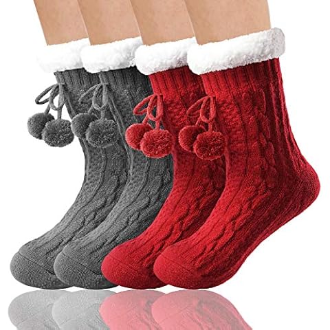 LIBWYS 2 Pairs Women's Slipper Socks Winter Thermal Socks with Pom Pom and Rubber Sole Fuzzy Cozy Socks for Christmas Cover