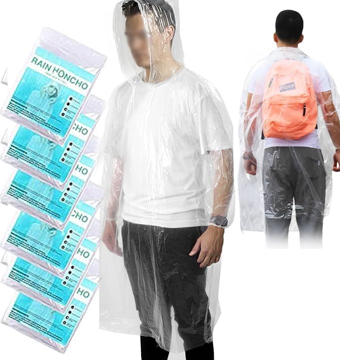 Waterproof Rain Ponchos Adult, 6PCS Disposable Clear Raincoats with Sleeves and Drawstring Hood, Thickened Portable Adult emergency Waterproof Poncho for Festival, Camping, Theme Parks