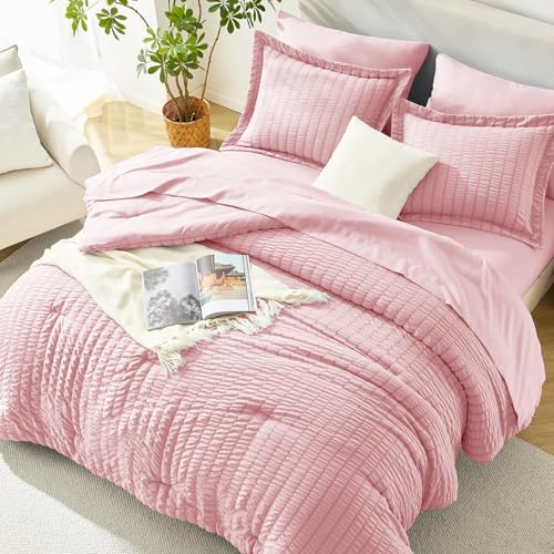 Image of HIMEET Full Size Comforter Sets - 7 Pieces Seersucker Bed in a Bag, Boho Bedding Sets for Bedroom Decor, All Season Home Essential Bed Set with Comforter, Sheets, Pillowcases & Shams, Pink