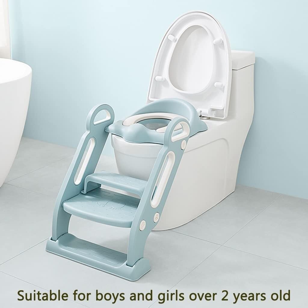 Potty Training Seat with Ladder for Boys & Girls, Foldable Non-Slip Toilet Chair with Rest(Blue)