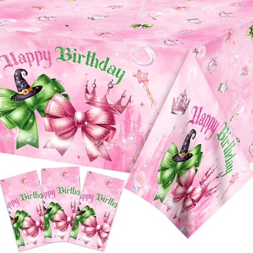Adirasenotek 3Pcs Pink and Green Bow Table Covers Happy Birthday Tablecloth Wicked Table Cloth Disposable Plastic for Witch Birthday Baby Shower Wedding Party Supplies